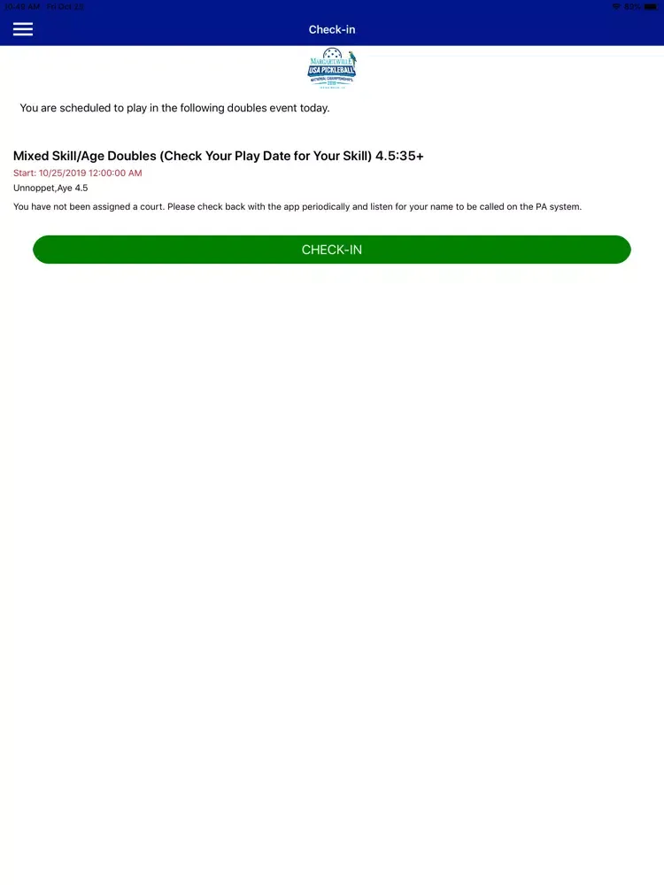 Tangkapan layar Pickleball Nationals Check-in iPad 