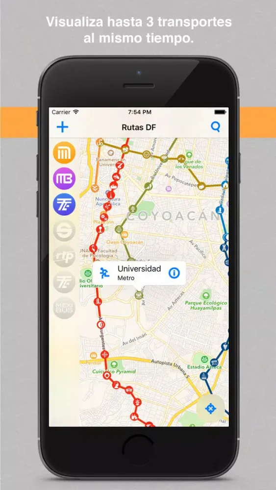 Capturas de pantalla de Rutas DF Metro, Metrobús, Tren Ligero, Suburbano, Mexibús, Trolebús y Ecobús de la Ciudad y Estado de México