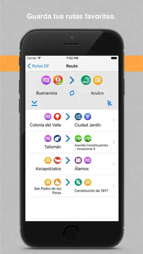 Capturas de pantalla de Rutas DF Metro, Metrobús, Tren Ligero, Suburbano, Mexibús, Trolebús y Ecobús de la Ciudad y Estado de México