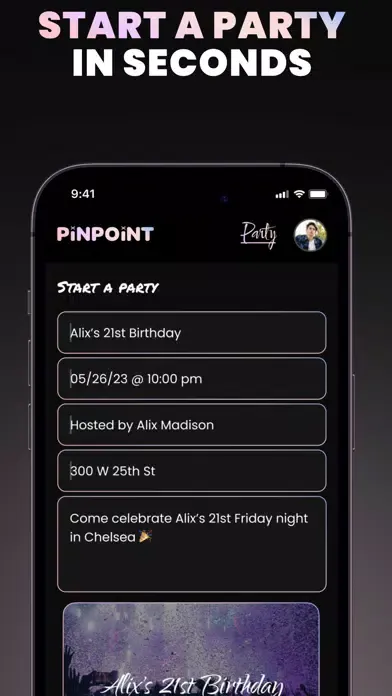 ภาพหน้าจอของ Pinpoint. The Party App.
