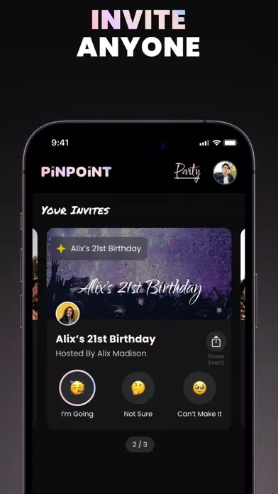ภาพหน้าจอของ Pinpoint. The Party App.