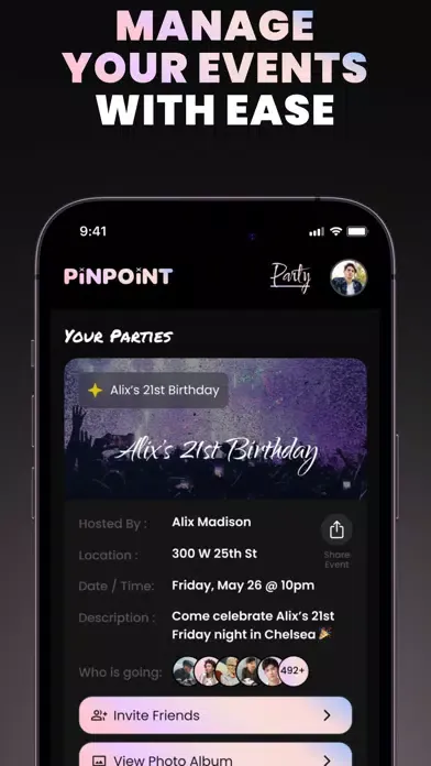 ภาพหน้าจอของ Pinpoint. The Party App.