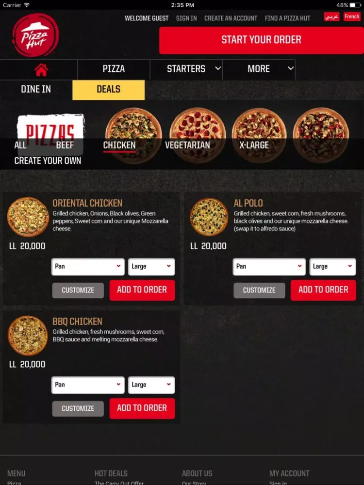 Capturas de tela do Pizzahut Lebanon iPad 