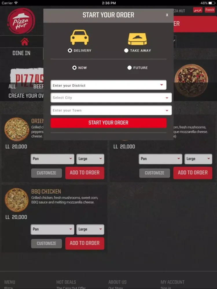 Capturas de tela do Pizzahut Lebanon iPad 