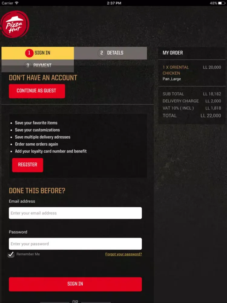Capturas de tela do Pizzahut Lebanon iPad 