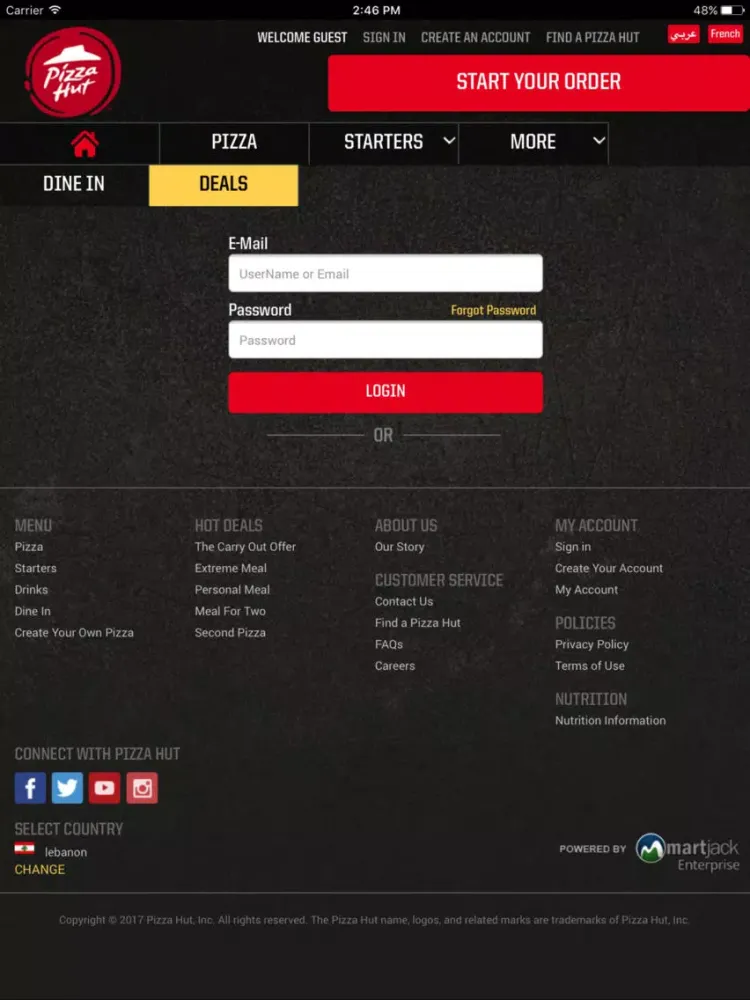 Capturas de tela do Pizzahut Lebanon iPad 