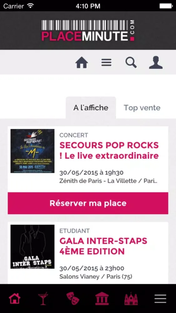 Captures d'écran de Placeminute : billet soirée, festival, concert, musée, théâtre ...