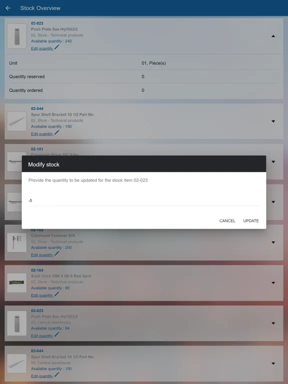 Ảnh chụp màn hình của Planon Warehouse Manager iPad 