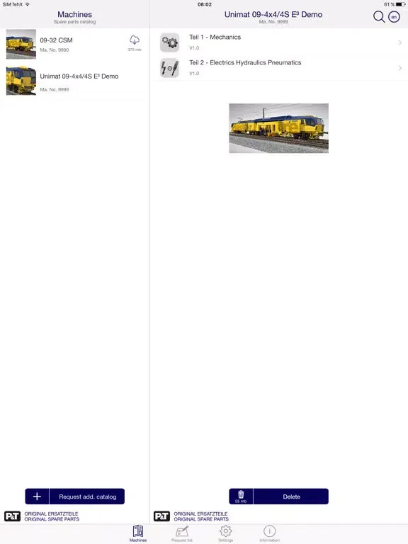 Tangkapan layar Plasser & Theurer SmartCatalog iPad 