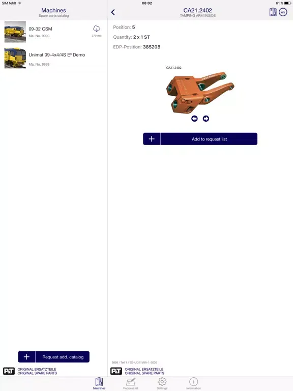 Tangkapan layar Plasser & Theurer SmartCatalog iPad 