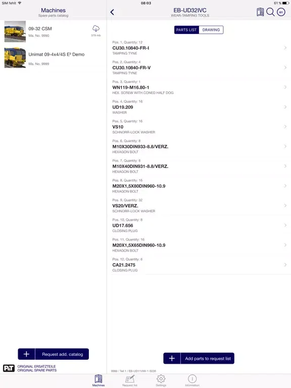 Tangkapan layar Plasser & Theurer SmartCatalog iPad 