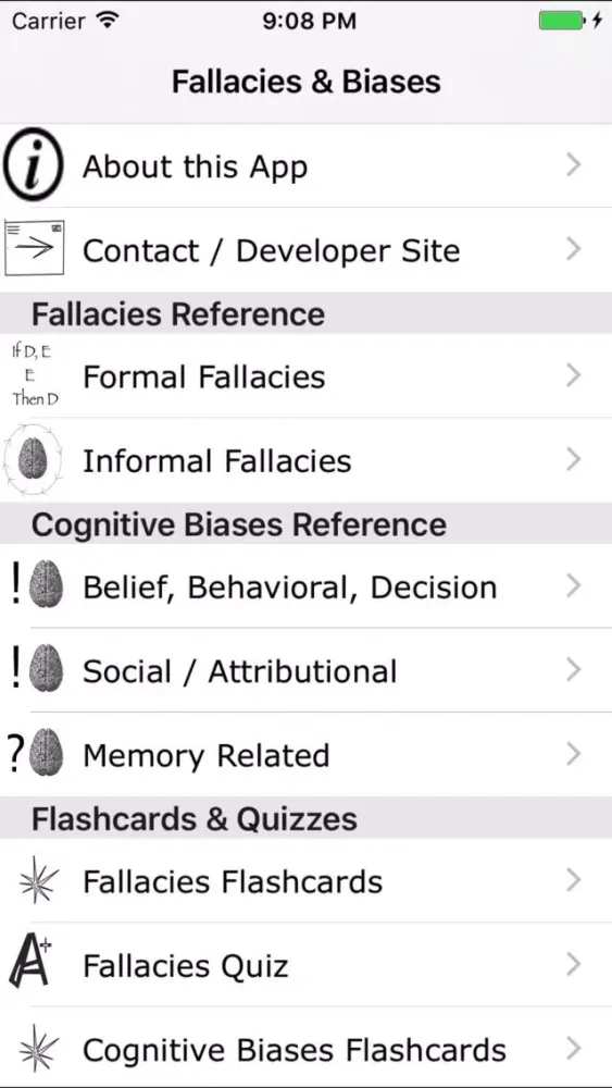 Capturas de tela do Fallacies and Biases