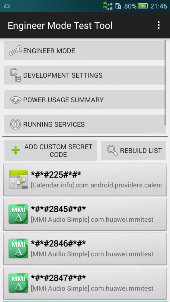 Screenshot di Engineer Mode Test Tool