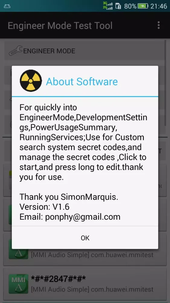 Screenshot di Engineer Mode Test Tool