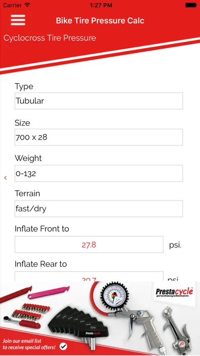 Capturas de pantalla de Prestacycle Bicycle Tire Pressure Calculator