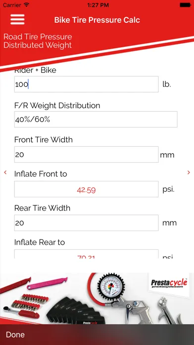 Capturas de pantalla de Prestacycle Bicycle Tire Pressure Calculator