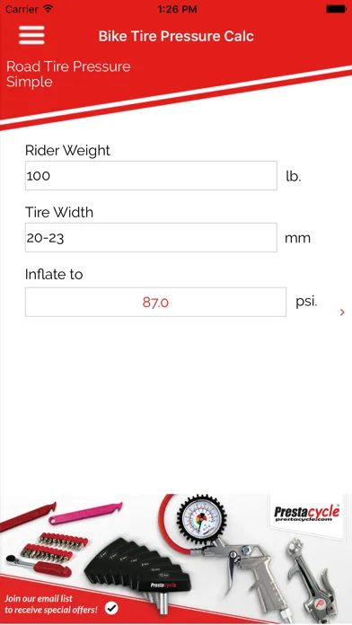Capturas de pantalla de Prestacycle Bicycle Tire Pressure Calculator