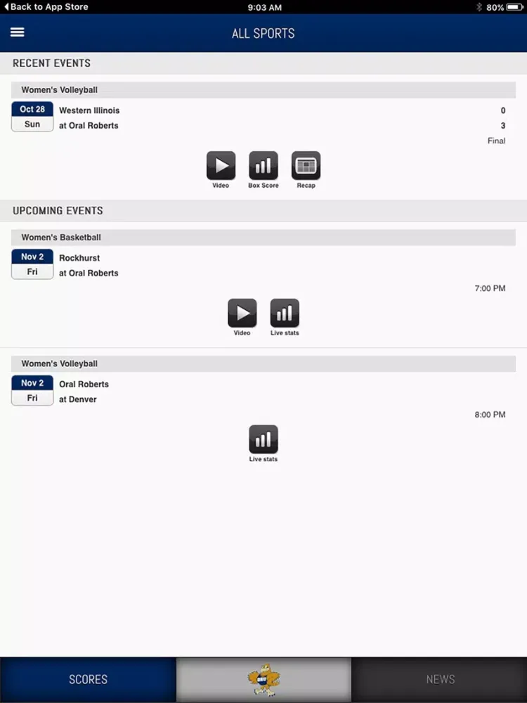 Capturas de pantalla de ORU Athletics Front Row iPad 