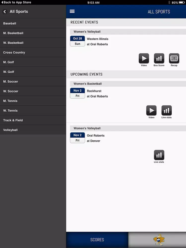 Capturas de pantalla de ORU Athletics Front Row iPad 