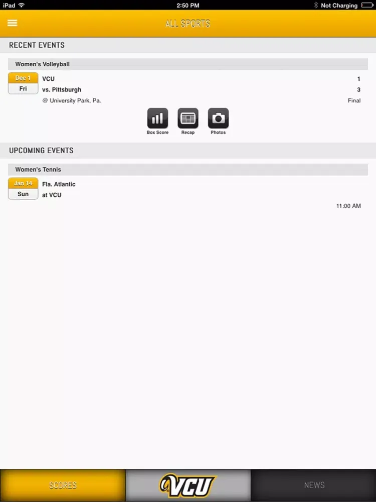 Tangkapan skrin VCU Rams Front Row iPad 