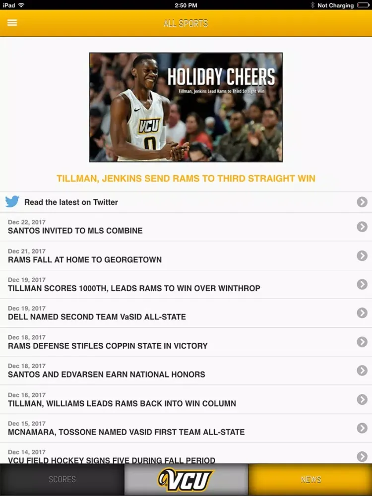 Tangkapan skrin VCU Rams Front Row iPad 