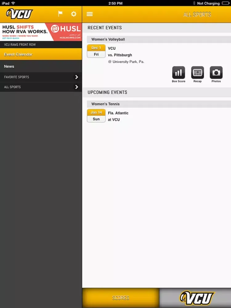 Tangkapan skrin VCU Rams Front Row iPad 