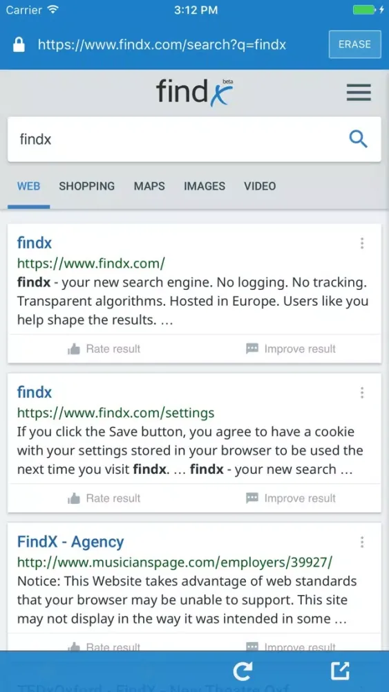 Capturas de tela do Findx - private search engine