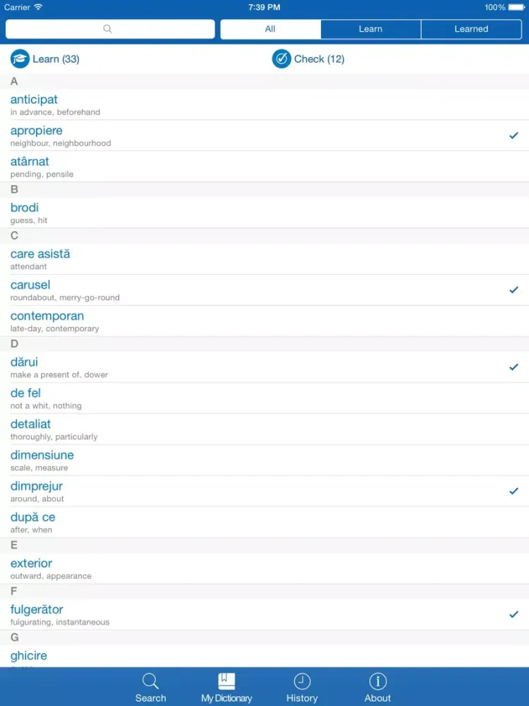 Ảnh chụp màn hình của Romanian <> English Dictionary + Vocabulary trainer iPad 
