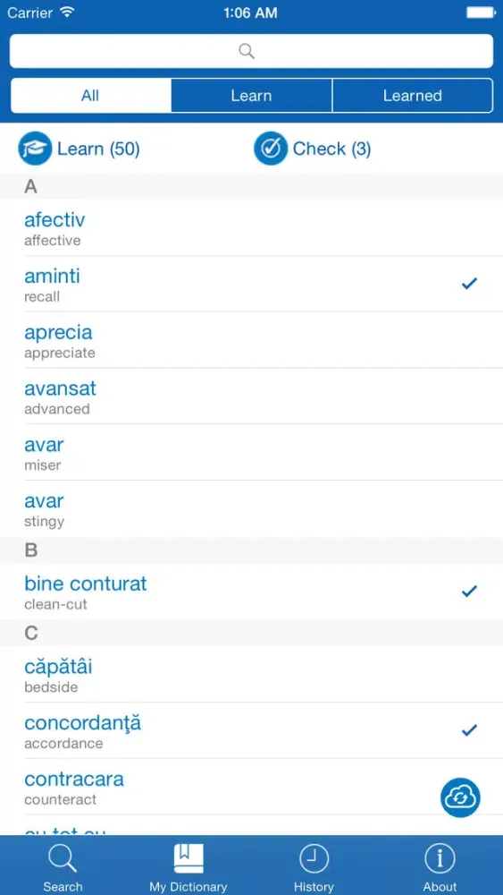 Ảnh chụp màn hình của Romanian <> English Dictionary + Vocabulary trainer