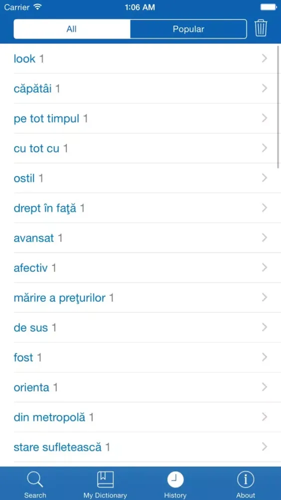Ảnh chụp màn hình của Romanian <> English Dictionary + Vocabulary trainer