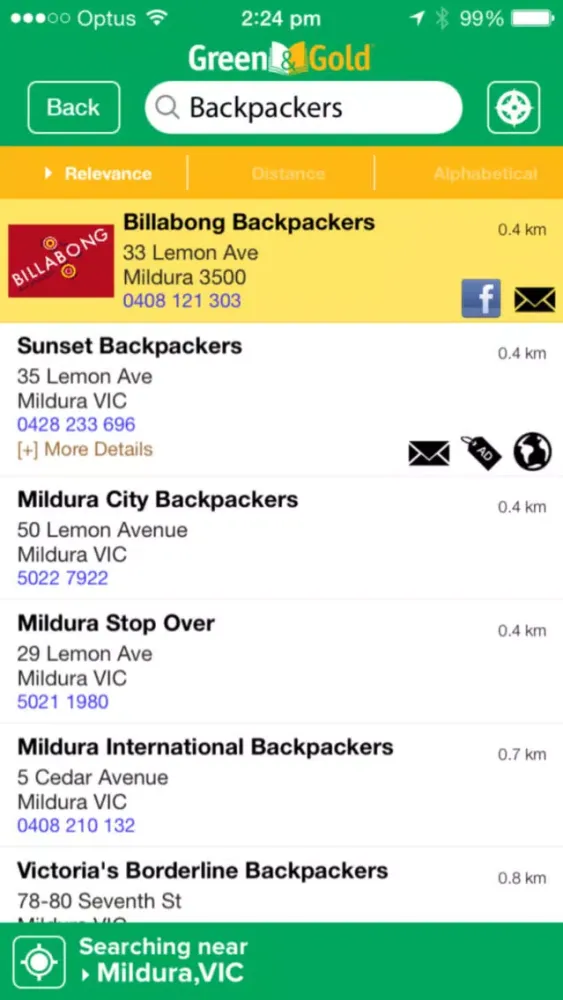 Tangkapan skrin Local Phonebook – Mildura