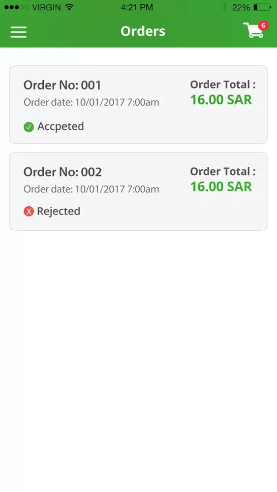 Capturas de tela do Order taking app