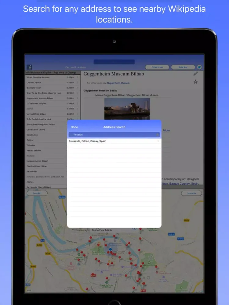 Capturas de tela do Bilbao Wiki Guide iPad 