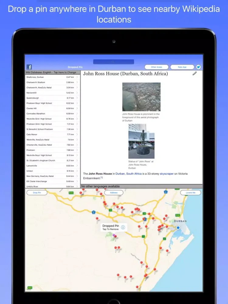 Capturas de tela do Durban Wiki Guide iPad 