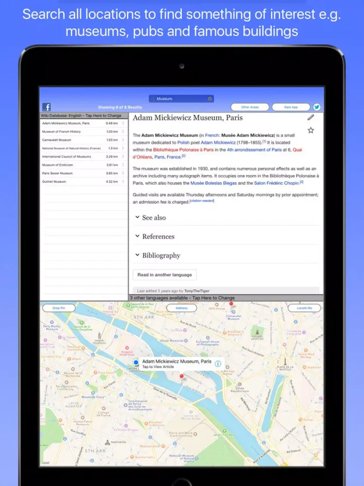 Capturas de tela do Paris Wiki Guide iPad 
