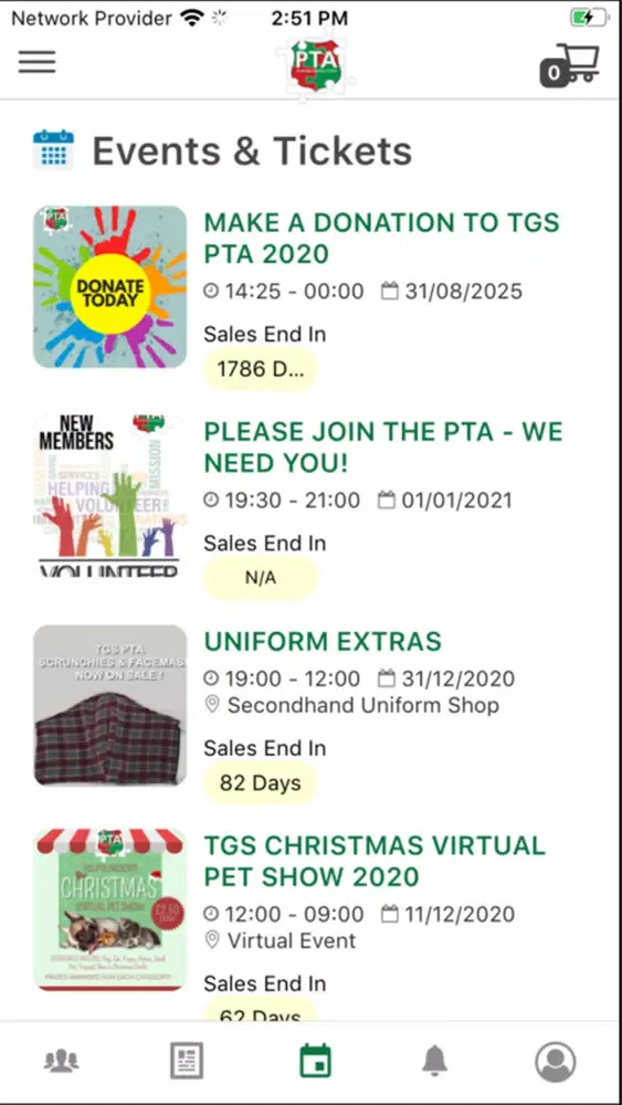 Tangkapan skrin PTA Events
