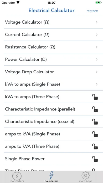 Capturas de tela do Electrical Converter