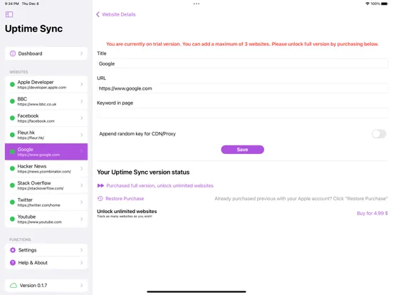 Ảnh chụp màn hình của Pulsely Uptime Sync iPad 