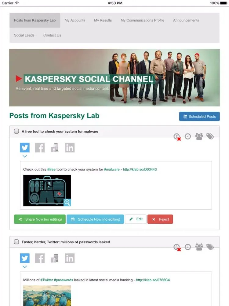 Capturas de pantalla de Kaspersky Social Channel iPad 