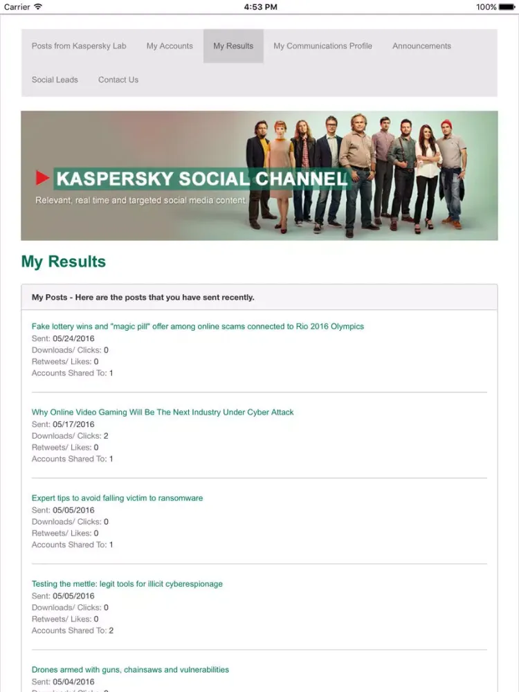 Capturas de pantalla de Kaspersky Social Channel iPad 