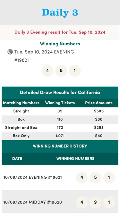 Tangkapan skrin California Lottery Numbers