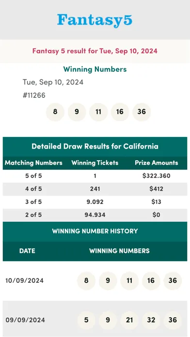 Tangkapan skrin California Lottery Numbers