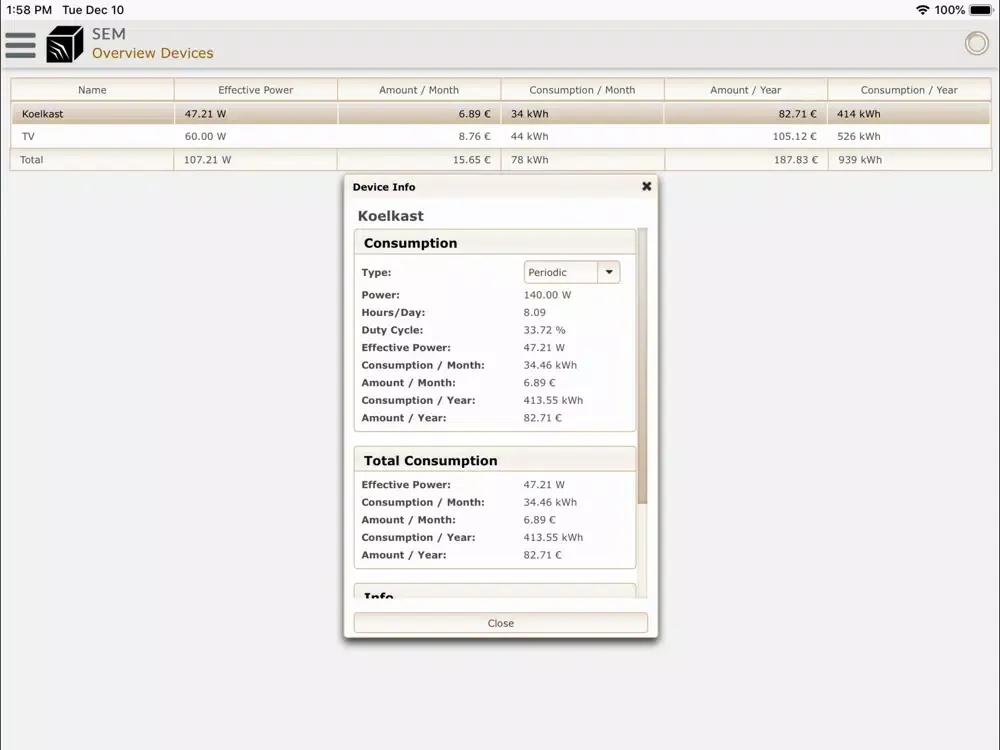 Ảnh chụp màn hình của Smart Energy Manager iPad 