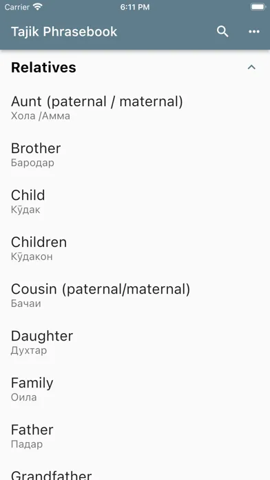 Ảnh chụp màn hình của Tajik Phrasebook