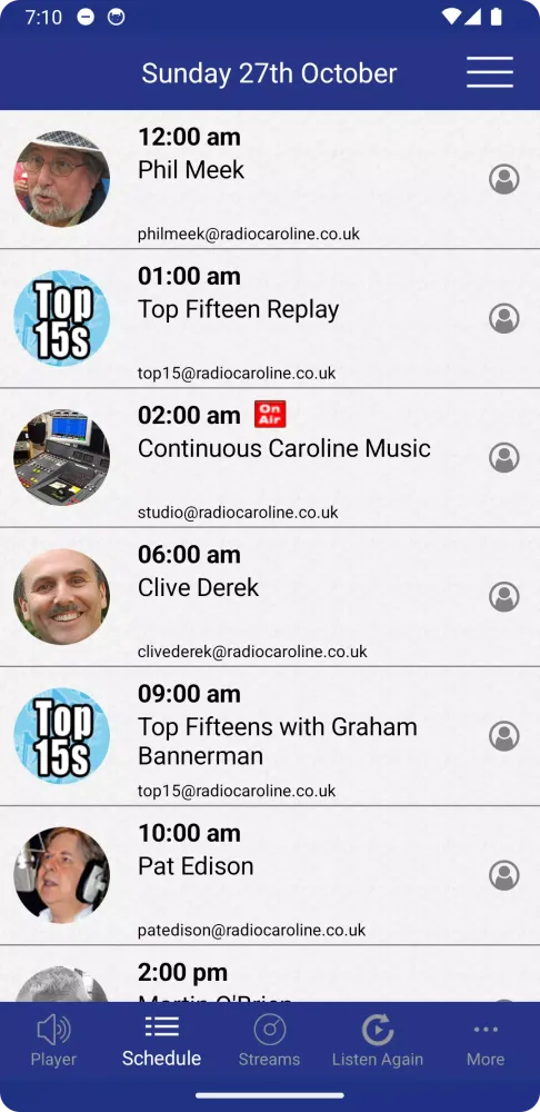 Capturas de tela do Radio Caroline