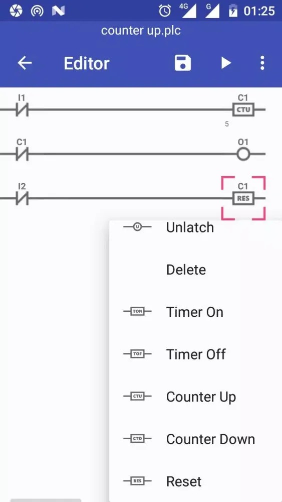 Capturas de tela do PLC Ladder Logic Simulator