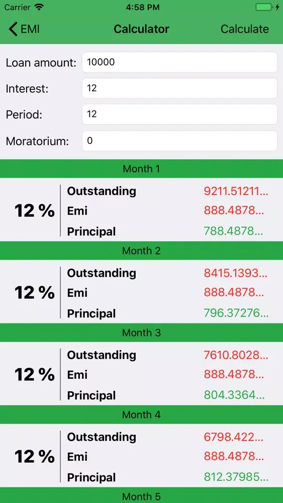 Tangkapan skrin EMI Calc Home, Car, Personal