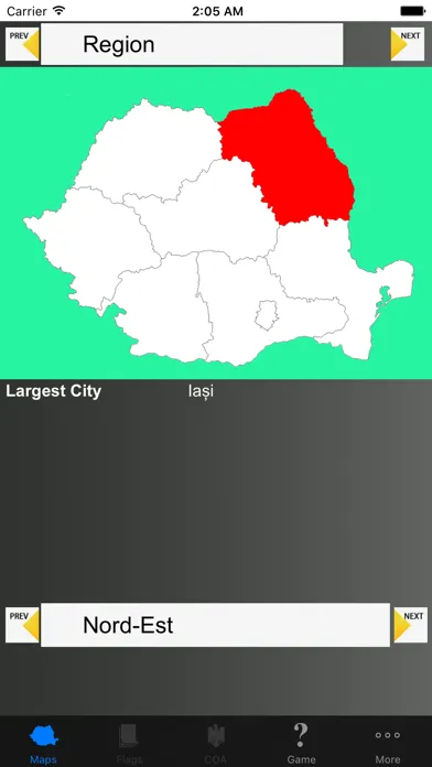 Ảnh chụp màn hình của Romania Region Maps and Capitals
