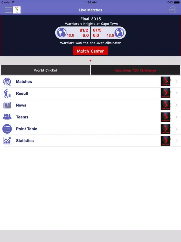 Ram Slam Version T20 - Schedule,Live Score,Today Matches iPad  스크린샷