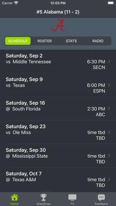 Alabama Football Schedules स्क्रीनशॉट